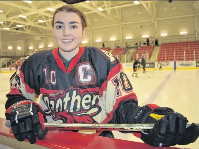  ?? T.J. COLELLO/CAPE BRETON POST ?? MacIntyre Chevy Panthers team captain Alexa Poirier leads her team into Nova Scotia Female Midget ‘AAA’ Hockey League playoff action Saturday against the Metro Boston Pizza at the Membertou Sport and Wellness Centre.