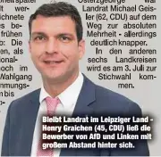  ?? ?? Bleibt Landrat im Leipziger Land Henry Graichen (45, CDU) ließ die Bewerber von AfD und Linken mit großem Abstand hinter sich.