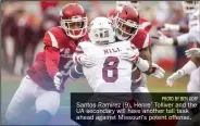  ?? PHOTO BY BEN GOFF ?? Santos Ramirez (9), Henre’ Tolliver and the UA secondary will have another tall task ahead against Missouri’s potent offense.