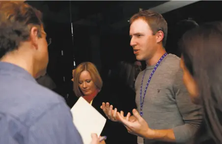  ?? Kimihiro Hoshino / AFP / Getty Images 2012 ?? Bret Taylor, then Facebook’s chief technology officer, discusses the social network’s new features with reporters in 2012.