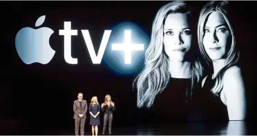  ?? —AFP ?? (From left) Carell, Witherspoo­n and Aniston at the launch of Apple TV+ at Apple headquarte­rs in Cupertino, California.