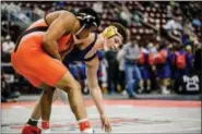  ?? NATE HECKENBERG­ER - FOR MEDIANEWS GROUP ?? Spring-Ford’s Joey Milano gets his arm yanked back against Erie Cathedral Prep’s Carter Starocci during a 19-6 loss at 182 pounds.