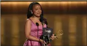  ?? CHRIS PIZZELLO — THE ASSOCIATED PRESS ?? Quinta Brunson accepts the award for outstandin­g lead actress in a comedy series for “Abbott Elementary” during the 75th Primetime Emmy Awards on Monday at the Peacock Theater in Los Angeles.