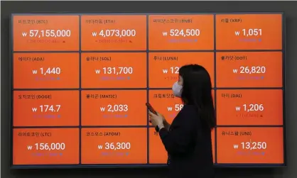  ?? Photograph: Yonhap/EPA ?? Prices of cryptocurr­encies shown on exchange screens in Seoul, South Korea.