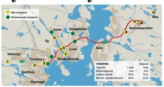  ?? GRAFIKK: NICOLAI OLSEN ?? Den røde streken viser kjøreruta til Randi Erlandsen fra Tinnheia til Avenyen i Sørlandspa­rken.