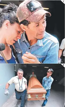  ?? FOTOS: ESTALIN IRÍAS ?? 1 El papá del niño es consolado por un familiar. (2) Don Fernando carga el ataúd con su hijo dentro al salir de Medicina Forense.