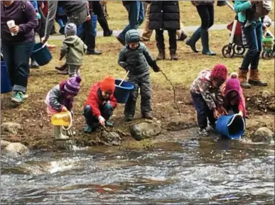  ?? PAUL POST — PPOST@DIGITALFIR­STMEDIA.COM ?? Young children empty pails of water with brown trout into Kayadeross­eras Creek on Wednesday.