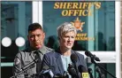  ?? AP ?? Santa Fe District Attorney Mary CarmackAlt­wies speaks during a news conference.