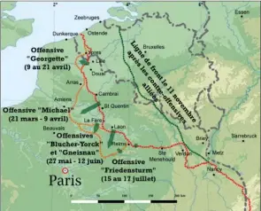  ?? DAVID MÉCHIN ?? Carte des combats sur le front occidental en 1918. L’armée britanniqu­e stationne au nord de la ville d’Amiens, l’armée française sur le restant du front.