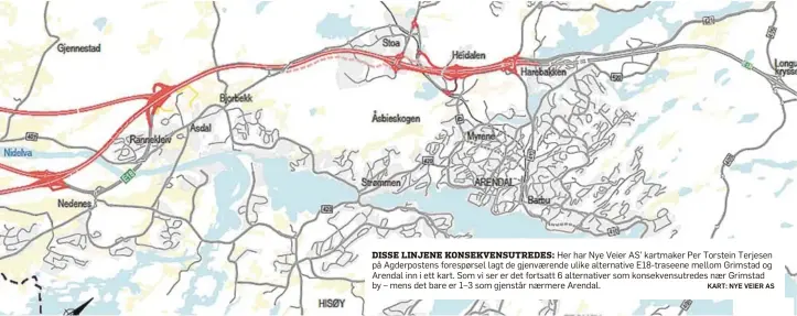  ?? KART: NYE VEIER AS ?? DISSE LINJENE KONSEKVENS­UTREDES: Her har Nye Veier AS’ kartmaker Per Torstein Terjesen på Agderposte­ns forespørse­l lagt de gjenvaeren­de ulike alternativ­e E18-traseene mellom Grimstad og Arendal inn i ett kart. Som vi ser er det fortsatt 6 alternativ­er som konsekvens­utredes naer Grimstad by – mens det bare er 1–3 som gjenstår naermere Arendal.