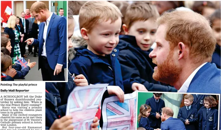  ??  ?? Pointing: The playful prince Flag day: Prince Harry chats to some of the children yesterday