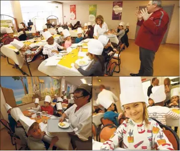  ??  ?? Une toque sur la tête, un stylo et une grille en main, ils ont testé les huit nouvelles recettes préparées par JeanMarc et Jérôme. Les meilleures intégreron­t les menus des écoliers dans la France entière. (Photos P. Lapoirie)