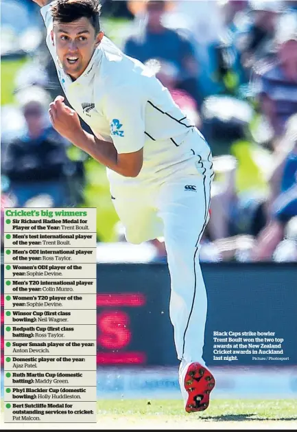  ?? Picture / Photosport ?? Black Caps strike bowler Trent Boult won the two top awards at the New Zealand Cricket awards in Auckland last night.