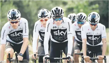  ?? — AFP photo ?? Great Britain’s Christophe­r Froome (front centre), Great Britain’s Luke Rowe (left), Great Britain’s Geraint Thomas (second left rear) and their Great Britain’s Team Sky cycling team teammates ride during a training session near Saint-Mars la Reorthe, western France, on the eve of the start of the 105th edition of the Tour de France cycling race in this July 6 file photo.