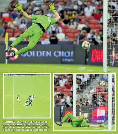  ?? Main picture: GETTY IMAGES ?? FLOORED: Kane’s instinctiv­e shot from the halfway line, above, sails over Juventus goalkeeper Wojciech Szczesny and bounces into the net