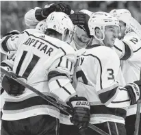  ?? USA TODAY SPORTS ?? The Los Angeles Kings celebrate a goal by forward Brendan Lemieux during the second period aa the Edmonton Oilers in game one of the first round of the 2022 Stanley Cup playoffs at Rogers Place Monday.