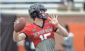  ?? VASHA HUNT/USA TODAY SPORTS ?? Quarterbac­k Max Duggan of TCU practices for the Senior Bowl at Hancock Whitney Stadium in Mobile, Ala.