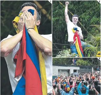  ?? FOTOS: AFP/ AP ?? (1) Leopoldo López besa la bandera venezolana, ya en su residencia, donde guardará arresto domiciliar­io tras ser excarcelad­o. (2) Subido en el muro perimetral de su casa, el líder opositor levanta la bandera y grita que no dejará de luchar por la libertad de Venezuela. (3) Una multitud de seguidores -miembros de la oposición- celebran la libertad parcial de López en las amueras de su casa.