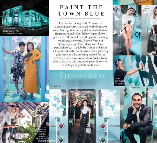  ??  ?? The Museum of Contempora­ry Art dressed in Tiffany blue Kenneth Goh and Nicole Warne A glasshouse filled with jewellery was also created for the night Sonia Chew Graffiti punctuated the venue Paul Foster