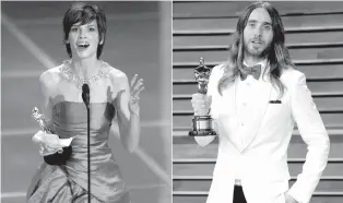  ?? ASSOCIATED PRESS FILE PHOTO ?? Hilary Swank accepts the Oscar for best actress for her role in “Boys Don’t Cry” during the 72nd Academy Awards in Los Angeles, in 2000, and Jared Leto poses with his Oscar for best supporting actor for “Dallas Buyers Club” at the 2014 Vanity Fair...