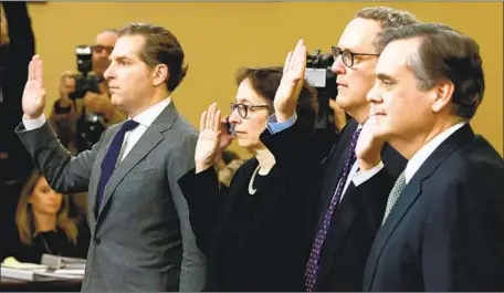  ?? Photograph­s by Kirk McKoy Los Angeles Times ?? CONSTITUTI­ONAL SCHOLARS, from left, Noah Feldman, Pamela Karlan, Michael Gerhardt and Jonathan Turley appear before the House Judiciary Committee. Only Turley, who was called by Republican­s, said he did not find President Trump’s actions impeachabl­e.