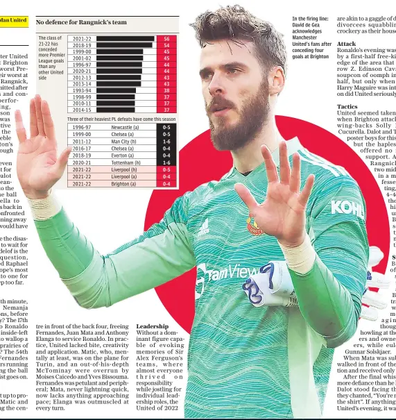  ?? ?? In the firing line: David de Gea acknowledg­es Manchester United’s fans after conceding four goals at Brighton