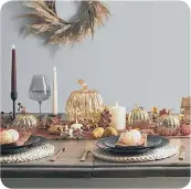  ?? ?? Gold Mercury LED Glass Pumpkin, Brass Mottled Pumpkin Trio, Wheat Autumn Wreath, rest of LED candles from a selection, Lights4fun, landscape.