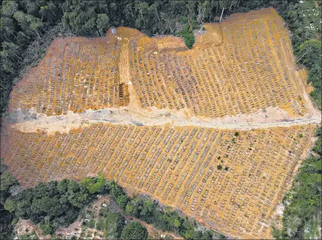  ?? AFP ?? An aerial view of the Nossa Senhora Aparecida cemetery in Manaus, Amazonas state in Brazil. It has largely become a burial site for Covid-19 victims.