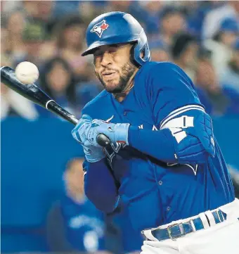  ?? RICK MADONIK TORONTO STAR ?? George Springer reacts to being hit by a pitch. His fifth-inning single drove in the Jays’ first run.