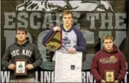  ?? NATE HECKENBERG­ER - FOR DIGITAL FIRST MEDIA ?? Malvern Prep’s Michael Beard takes his third straight championsh­ip belt at the Escape the Rock tournament.