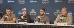  ?? PHOTOBYGIL­TALBOT/ HARVARDUNI­VERSITY ?? FOUR SCORE: Harvard’s Sean Malone, Alexander Kerfoot, Luke Esposito and coach Ted Donato appear at the Frozen Four press conference at the United Center in Chicago yesterday.