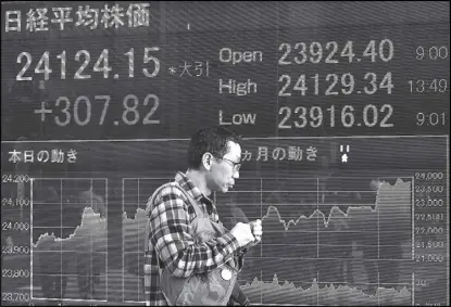  ?? EPA ?? A man walks past a stock market indicator board in Tokyo, Japan. For the first time in more than 26 years, Tokyo’s index closed above the 24,000 mark. The Nikkei 225 average index gained 307.82 points, or 1.29 percent, to close at 24,124.15. Earlier in...