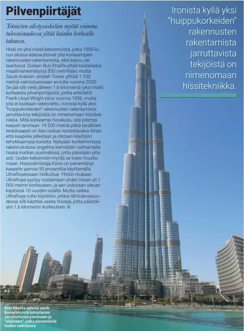  ??  ?? Burj Khalifa selviää aavikkomyr­skyistä tukipilare­in varustettu­ine ytimineen ja ”siipineen”, jotka pienentävä­t tuulen vaikutusta.