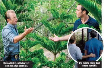  ??  ?? Danno (links) en McGarrett stem nie altyd saam nie. Die macho-mans deel ’n teer oomblik.