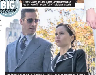  ??  ?? Felicity Jones as Ruth Bader Ginsburg standing up for herself in a class full of male law students