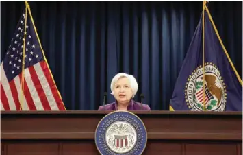  ?? — Reuters ?? Federal Reserve Board Chairwoman Janet Yellen speaks during a news conference after the Fed releases its monetary policy decisions in Washington.