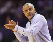  ?? REED HOFFMANN — THE ASSOCIATED PRESS ?? Kansas State coach Jerome Tang cheers on the team against Oklahoma during the first half of a game earlier this month in Manhattan, Kan.