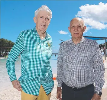  ?? ?? Former Cairns Mayor Kevin Byrne and current Cairns Mayor Bob Manning at the Cairns Esplanade Lagoon on Tuesday. Picture: Sandhya Ram