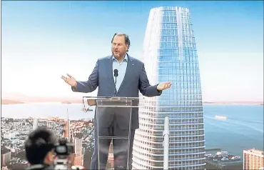  ?? PHOTOS BY KARL MONDON — STAFF PHOTOGRAPH­ER ?? Salesforce founder and CEO Marc Benioff speaks during the grand opening of the Salesforce Tower in San Francisco on Tuesday.