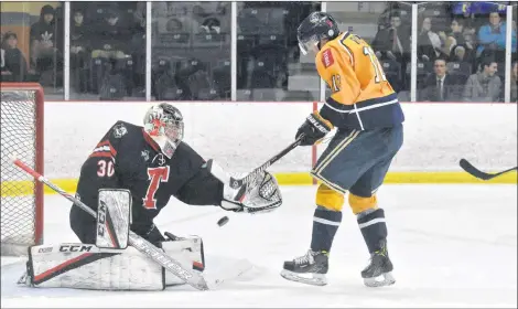  ?? TINA COMEAU ?? One of many close scoring opportunit­ies during a Mariners 6-2 win over Truro last weekend.