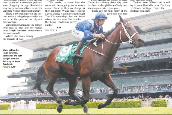  ?? Winx, ridden by Hugh Bowman, salutes for the 15th straight time on Saturday at Royal Randwick. Picture: AAP ??