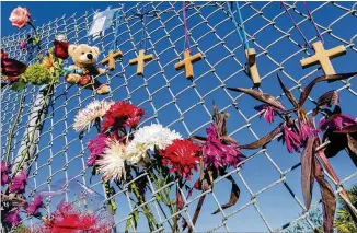  ?? LANNIS WATERS / THE PALM BEACH POST ?? Crosses and flowers hang on a fence outside Marjory Stoneman Douglas High School in Parkland, Florida, on Friday in memory of the 17 people killed in a shooting there Wednesday. Marietta schools Superinten­dent Grant Rivera spoke on HLN about the tragedy.