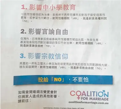  ??  ?? A Coalition for Marriage “No” campaign advertisem­ent in a Chineselan­guage newspaper.