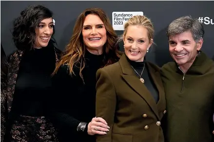  ?? AP ?? Brooke Shields, second from left, at the Sundance Film Festival with the production team of the documentar­y film, from left, director Lana Wilson and executive producers Ali Wentworth and George Stephanopo­lous.