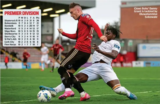  ??  ?? Close: Bohs’ Danny Grant is tackled by Oluwatunmi­se Sobowale