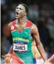  ??  ?? War cry Kirani James celebrates after winning the men’s 400-metre final.EPA