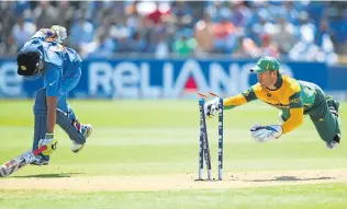  ?? Pictures: GETTY IMAGES ?? IN FULL FLIGHT: India’s Ravindra Jadeja makes his ground as AB de Villiers of South Africa attempts a runout during the Group B ICC Champions Trophy match at the Swalec Stadium in Cardiff, Wales in 2013