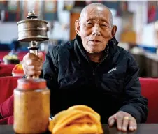  ?? ?? Tsultrim gestures during an interview with AFP at Jampaling Elders’ Home run by the Central Tibetan Administra­tion in Dharamsala.