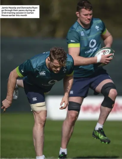  ??  ?? Jamie Heaslip and Donnacha Ryan go through their paces during an Irish training session in Carton House earlier this month