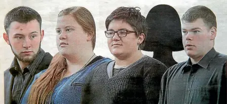  ??  ?? From left, David Wilson, 20, Laura Scheepers, 19, Natasha Jane Ruffell, 27, a 24 year old woman with name suppressio­n, and Christophe­r James Brown, 20.
